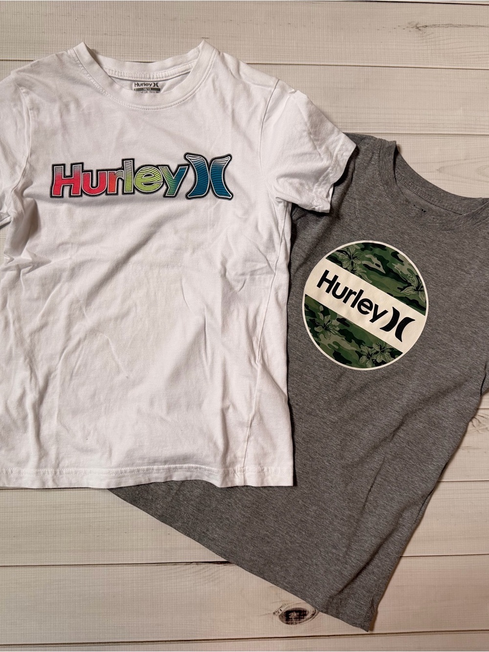 Hurley Kids White Tee with Multicolor Logo & Gray Tee with Camo Circle Logo
